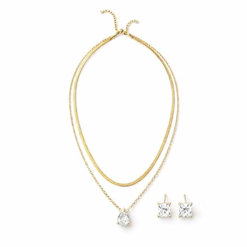 Image of Top Sale Birthstone Jewellery Set for Women – 18K Gold Plated 2 Layer Pendant Necklace Set (Snake Chain & Teardrop Pendant) & Rectangular Stud Earrings – Diamond April Birthday Gift with Suede Pouch