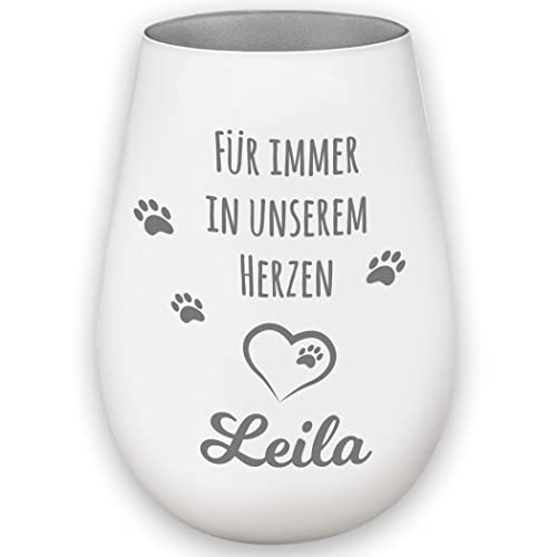 Trauerlicht Windlicht Haustier Hund Katze - F&uuml;r Immer in unserem Herzen - wei&szlig;/Silber - Personalisierbar mit Gravur und Namen - Gedenklicht Erinnerungslicht Grablicht Trauergeschenk
