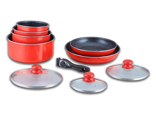 Batterie de cuisine - lot de casserole induction - set casserole et poele tous feux - set de cuisine en revêtement pierre avec manche amovible 10 pieces HG-5000 ROUGE