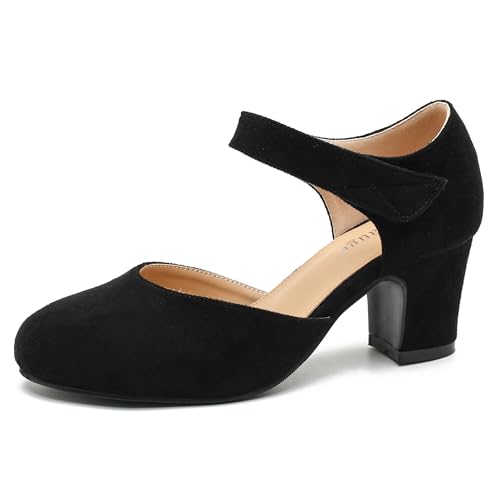 Escarpins à bout rond style vintage chic avec sangle cheville protectrice en daim noir