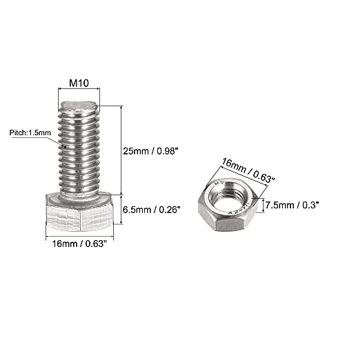 Image of uxcell M10 x 25mm Hex Head Screws Bolts, Nuts, Flat & Lock Washers Kits, 304 Stainless Steel Fully Thread Hexagon Bolts 8 Sets
