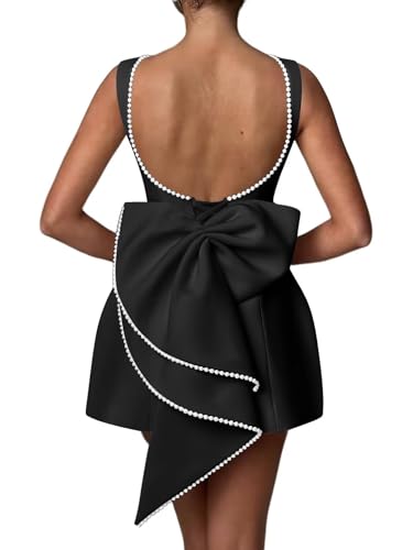 Aosadin Satin Pearl Dress Bow Back Mini Dress for Women Round Neckline Evening Gowns Black 8