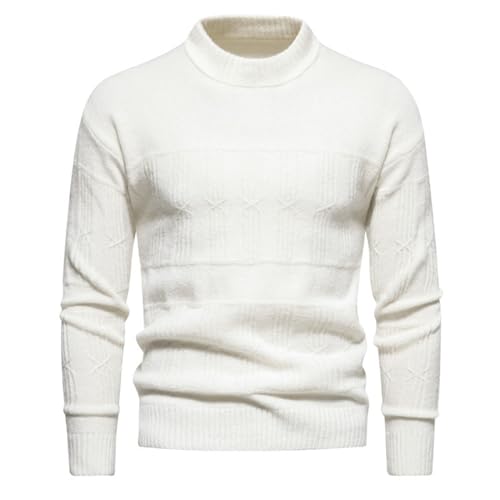 Mens Crewneck Pullover Sweater Long Sleeve Outdoor Knitted Wool Sweater Tops Mens Crewneck Pullover Sweater (White, L)