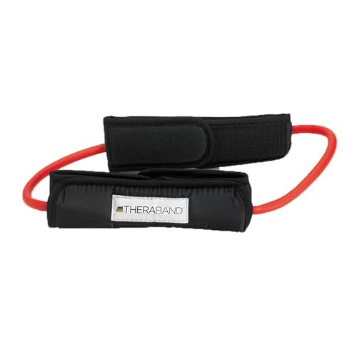 THERABAND Resistance Tubes, Professional Latex Elastic Tubing For Physical Therapy, Lower Pilates, At-Home Workouts, and Rehab, 12 Inch With Padded Cuffs, Red, Medium, Level 2