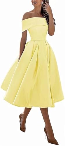 Image of Knee-Length Satin Off Shoulder Homecoming Dress Short Prom Cocktail Party Dress for Junior