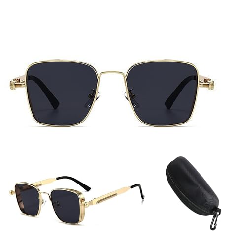 GoodToolSunglasses UV400 Protection New Ultra-Light Small Frame Retro Square Steampunk Metal Sunglasses for Unisex Personalized Style (gold frame gray lenses)