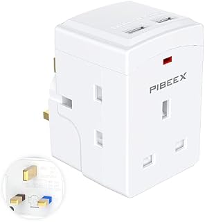 PIBEEX Plug Adapter, Multi Plug Extension with USB 3 Way 2 USB Ports Wall Plug Adapter USB Wall Socket 13A Power Socket No Power Cord for Home Travel