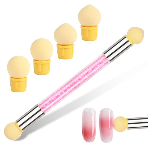 BUTBU Cepillo Esponja de Uñas, Pincel para Degradado de Uñas, Doble Cabezal Esponja de Uñas Punteado, Gradiente Pluma Cepillo Nail Art Herramienta con 4 Cabezales de Repuesto, para DIY Diseño de Uñas