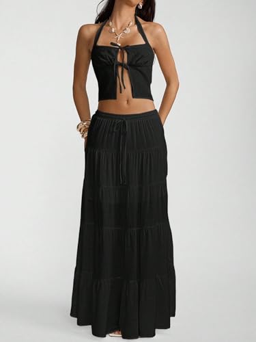 Image of Women's Boho Maxi Skirt Ruffle Flowy Low Rise A Line Beach Long Skirts | Flared Ruffle, Elastic Waist, Summer Vacation Skirts