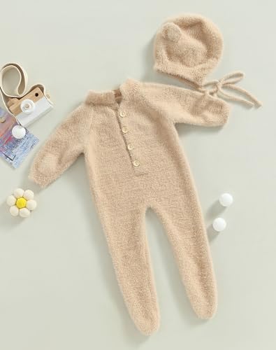Newborn Infant Baby Girls Boys Jumpsuit Fleece Rompers Long Sleeve Footie Jumpsuit Hat Outwear Winter Warm4