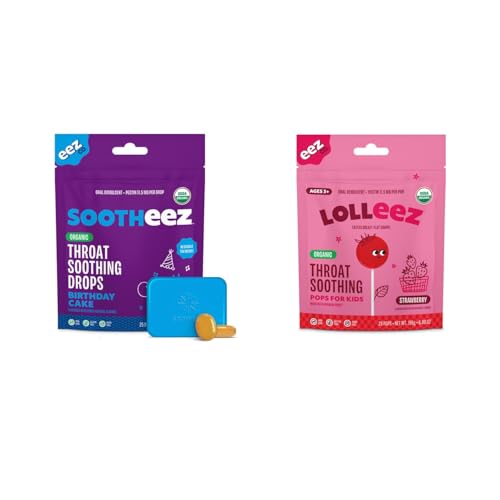 Lolleez Lollipops for Kids Sore Throat Relief, Strawberry, 28 Count and Sootheez Organic Throat Soothing Drops for Adults, Birthday Cake, 25 Count