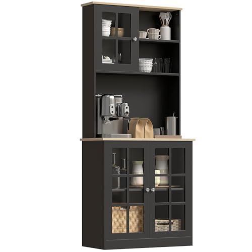 HOMCOM Kitchen Pantry Storage Cabinet, 72' Freestanding Cabinet with Hutch, Large Countertop, Glass Doors and Adjustable Shelves for Dining Room, Black