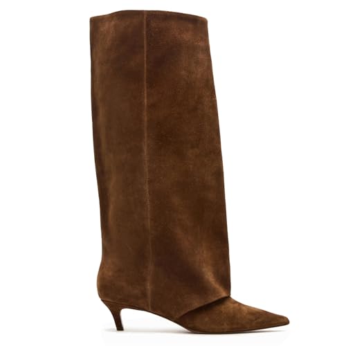 Brown Suede Knee High Boots for Women Comfortable Pull on Pointed Toe 2 Inch Kitten Heel Fold Over Boots.