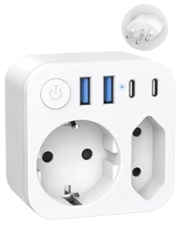 Adattatore da viaggio Germania-Svizzera 4 USB (2 tipo C) 2 prese Svizzera Schuko EU tipo J Maldive Ruanda Madagascar Liechtenstein bianco