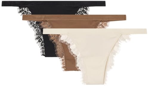 Women'secret Pack Braguitas brasileñas my Everyday Collection Micro/Lace 3 Bragas Microfibra, Kaki Oscuro, L Women's
