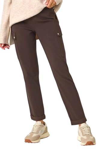 Image of Roman Cargo Trousers for Women UK Ladies Stretch Combat Pants Turn Up High Waist Rise Pull On Smart Casual Slimming Work Office Fitted Straight Leg Pockets Summer - Chocolate - Size 14
