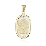Minoplata Medalla Ovalada Virgen Niña, Plata de Ley 925 Chapada en Oro, con Nácar y Circonitas Blancas, 27x9 mm