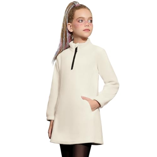 Mirawise Girls Fleece Dress 1/3 Zip Polar Long Sleeve Sweatshirt Stand Collar Fall Winter Pullover Dress with Pockets