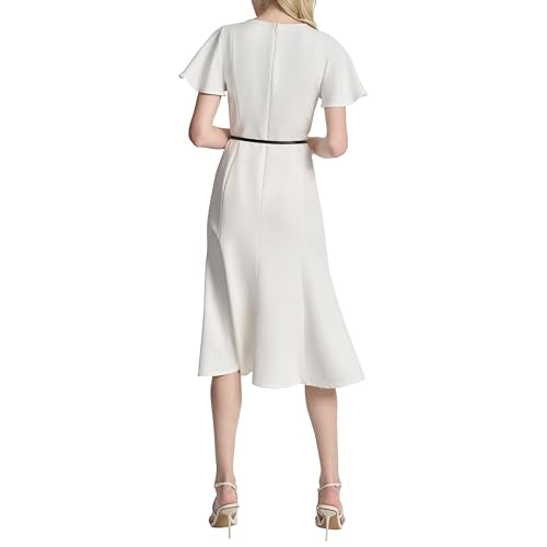 Image of DKNY Women's Short Flutter Sleeve V-Neck Tie Belt Fit and Flare Dress