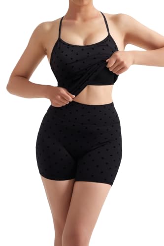 Image of SUUKSESS Women 2 Piece Workout Sets High Waisted Tummy Control Biker Shorts Halter Padded Tank Tops