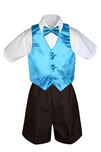 MILLTEX 4 Pieces Set Formal Party Wedding Color Satin Vest & Bow tie Shirt Brown Shorts Set New Born Baby Boy Toddler Sm-4T (SM (0-6 Months Old), Turquoise)