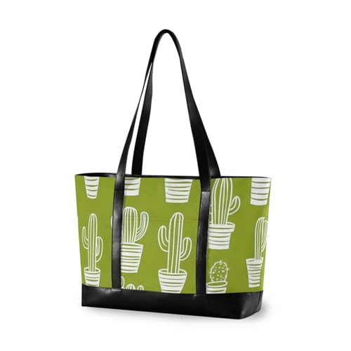 KLL Green Cactus Pattern Sturdy 14inch laptop tote with zipper bag 14 inch Large Handbag for Pool Gym Grocery Travel with lunch bulto para laptop