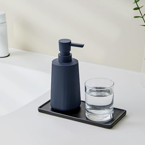 Image of Small Soap Dispenser for Bathroom and Kitchen, Modern Farmhouse Striped Style Plastic Hand Soap Dish Soap Dispenser with Pump Matte Blue