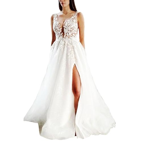 Women’S Spaghetti Strap Wedding Dress|Lace Applique Corset High Slit Bridal Gown|for Fashion Bride Champagne