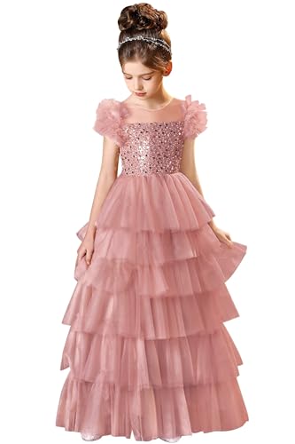Sequin Flower Girl Dresses for Wedding Ruffles Sleeves Pageant Dresses for Girls Puffy Tulle Prom Gown for Girls
