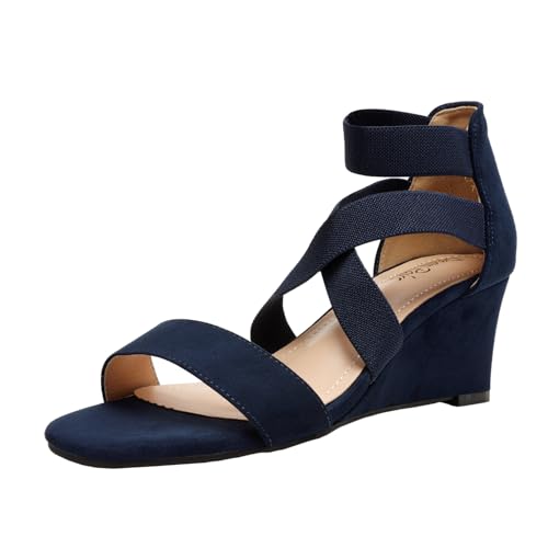 DREAM PAIRS Women's Black Open Toe Strappy Dress Wedge Sandals Size 9.5 B(M) US Innis-2 6 Navy