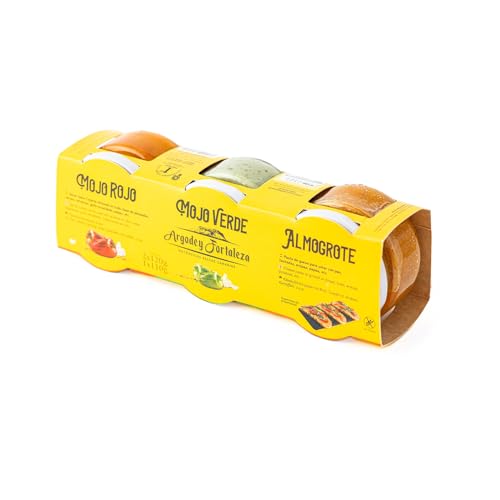 Argodey Fortaleza Pack de Mojo Rojo, Mojo Verde y Almogrote Canario (3 x 120g) - 3 Botes Individuales, Estuche Pack Regalo, Salsa perfecta y Versatil para Untar con Pan, Tostadas, Arepas, Papas