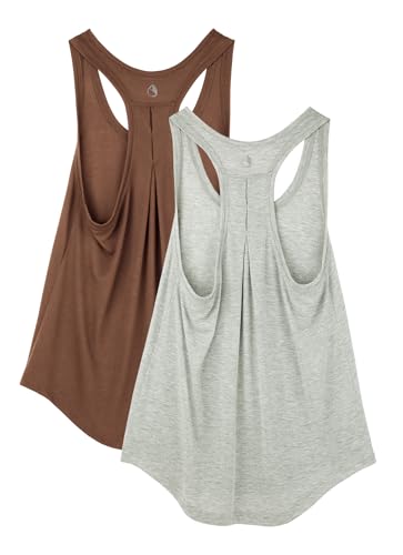 icyzone - icyzone Femme Lot de 2 Débardeurs de Sport, Haut de Yoga, Sport Shirt sans Manches Running Fitness Tank Tops (Gris/Marron Café, L) - -14%