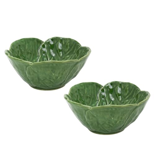 Carousel Home Set of 2 Green Leaf Bowls | Ceramic Cabbage Serving Bowls | Perfect for Serving Snacks, Nibbles, or Desserts - 14cm