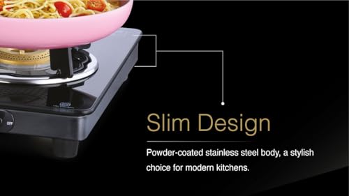 Image of USHA Ebony Neo Slim 3 burner (EBNSL3RGC) with stainless steel body, glass cooktop, large space for parallel cooking, and removable drip tray