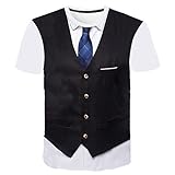 FEESHOW Herren Lustiger Tshirt Kurzarm Gefälschter Anzug Smoking Fliege Weste Hemd 3D Gedruckte Shirt Sommermode Streetwear Schwarz_H XXL