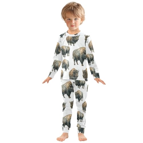 Pajama Sets Long Sleeve Bison Pattern Print on White Soft Comfy Sleepwear 2 Piece PJS 3-8T2