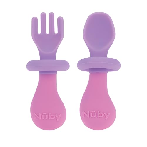 Image of Nuby First Fork and Spoon Set - Utensils with Safety Guards for Babies 6+ Months - Purple and Pink