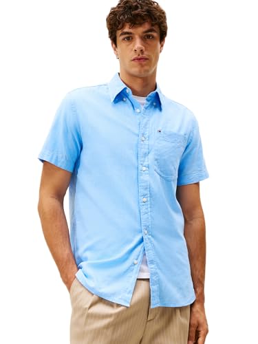 Tommy Hilfiger Men's Regular Fit Short Sleeve Linen Shirt, Vessel Blue, XX-Large