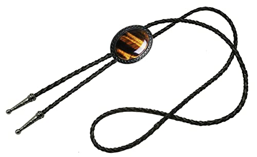 Image of Moranse Bolo Tie with Natural Tiger Eye Stone Celtic Style Genuine and Cowhide Rope
