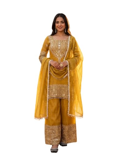 Image of PERFECT CHOICE WOMEN'S Heavy Natural Crep Silk Stitched Ethnic Salwar Kameez - Long Kurti with Embroidered Sleeves, Party & Festival Wear (SF251-ve115 Black1 XXL)