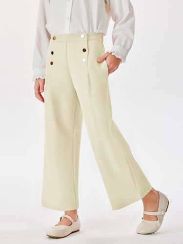 Image of Haloumoning Girls Wide Leg Pants Kids Fashion Elastic Waist Front Button Trousers with Pockets 5-14 Years