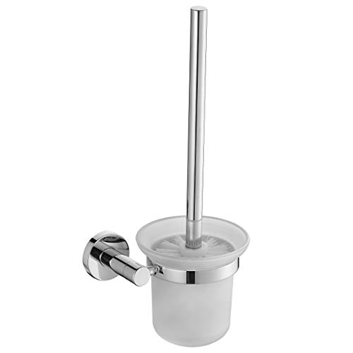 Royal H&H Bathroom Brass Toilet Brush and Holder Polished Chrome Wall Mount, Rustproof Solid Brass & Frosted Glass for Bath Storage