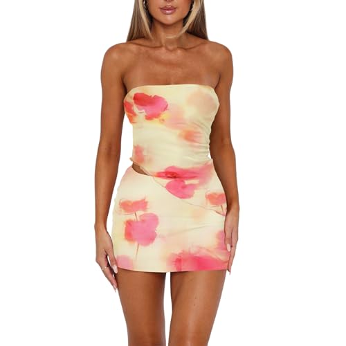 Image of Goafuliy Two Piece Skirt Set for Women Summer Asymmetrical Mesh Strapless Tube Tops Mini Skirt Set Going Out Outfits