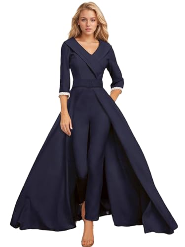 Jumpsuit/Pantsuit Two Piece Mother of the Bride Dress Satin V Neck 3/4 Length Sleeve Floor Length Pearls 2024