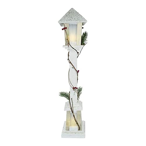 Generico Lampione Natalizio in Legno h. 61 cm Bianco Glitter innevato con Luci LED Base 13x13cm Alimentazione a Batteria Decorazione Natalizia Babbo Natale