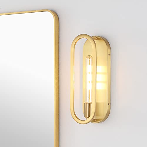 Image of JONATHAN Y 14.25 inch Brass Gold LED Wall Sconce, 1-Light Mid-Century Lamp for Bathroom Vanity, Bedroom, Hallway, Dimmable Bohemian Metal Fixture, LED Bulb Included JYL9917A