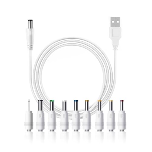 USB à DC 5V Câble d'alimentation 9 Conseils interchangeables, cordon de charge universel 5.5x2.1mm Adaptateur pour LED Bande, lampe de lune, Mini Ventilateur, haut-parleur Bluetooth, routeur, appareils intelligents – blanc