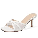 Eteridrey White Heeded Sandals Mesh Kitten Heels Square Open Toe Mule Heels Comfortable Low Heel for Wedding