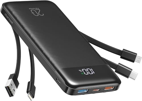 Charmast Power Bank, 20W Built-in 4 Cables Fast Charing Portable Charger, 20,000mAh Battery Pack with 6 Outputs 4 Inputs, USB-C Powerbank for iPhone 16/15/14 Series, AirPods, Android Phones (Dark)