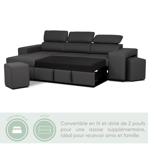 BUDWING John Canapé-Lit d’Angle 4 Places – Chaise Longue Réversible, Têtières Réglables et 2 Poufs – Revêtement en Polyuréthane – Style Moderne – 263x161x96 cm – Noir – Image 6